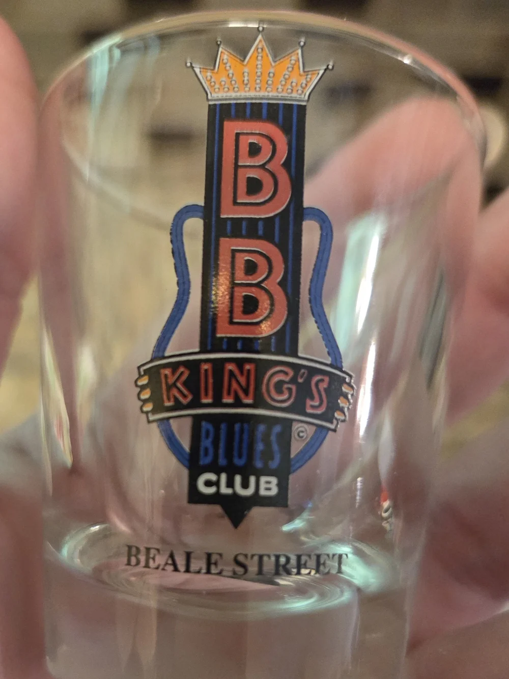 BB King's Blues Club Beale Street Branded Shot Glass Clear with Blue & Orange